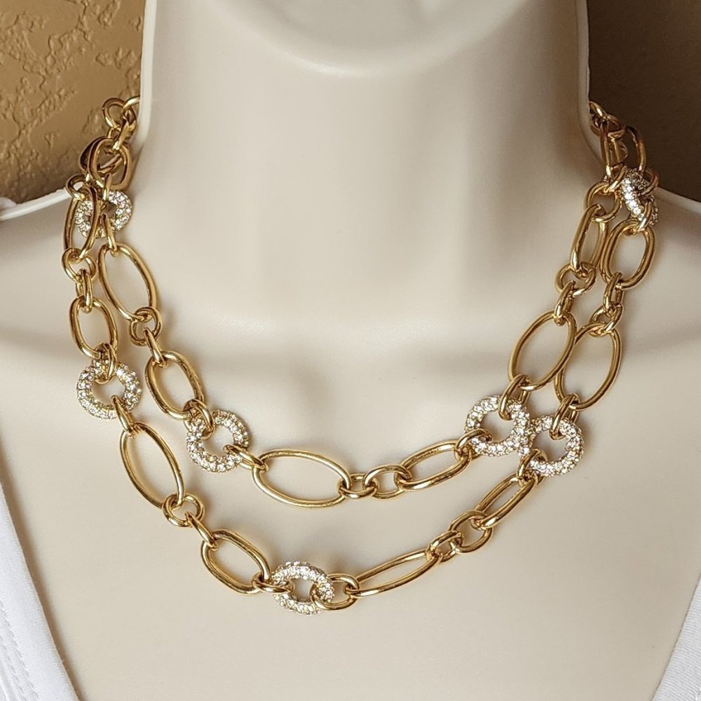 Vintage Carolee Chunky Rhinestone Gold Tone Link Chain Necklace Choker 36"